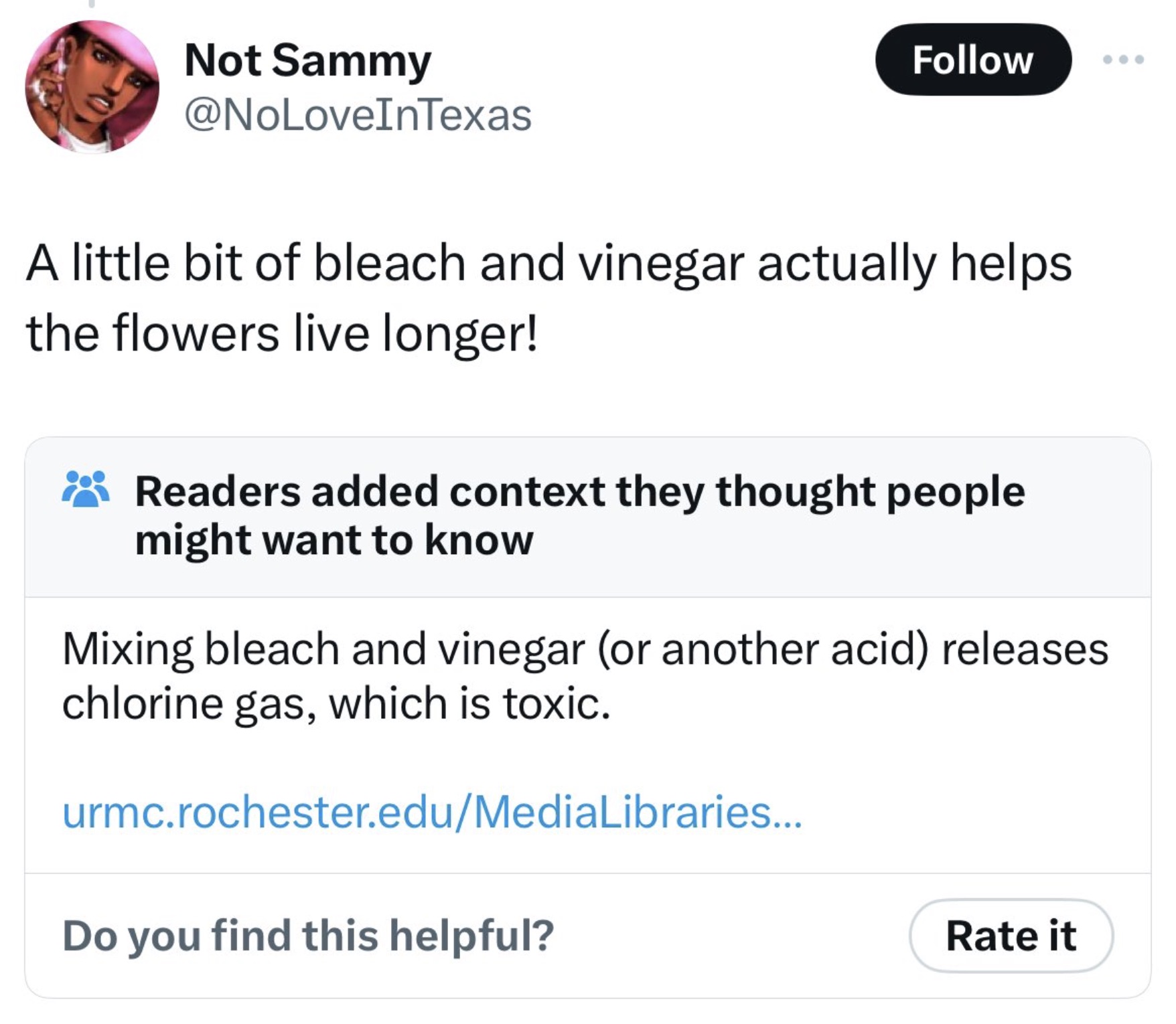 screenshot - Not Sammy A little bit of bleach and vinegar actually helps the flowers live longer! Readers added context they thought people might want to know Mixing bleach and vinegar or another acid releases chlorine gas, which is toxic.…